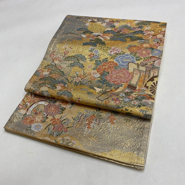 中古 礼装袋帯 正絹 草花 六通柄 ゴールド Bランク 467cm 5952