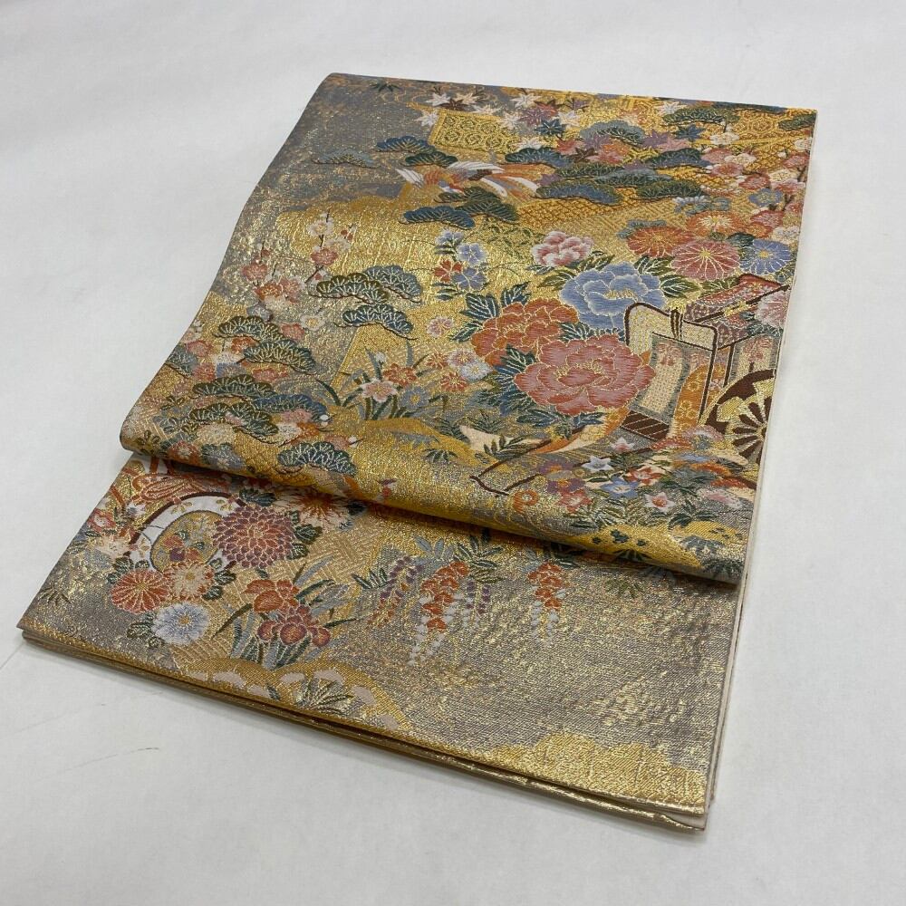 中古 礼装袋帯 正絹 草花 六通柄 ゴールド Bランク 467cm 5952