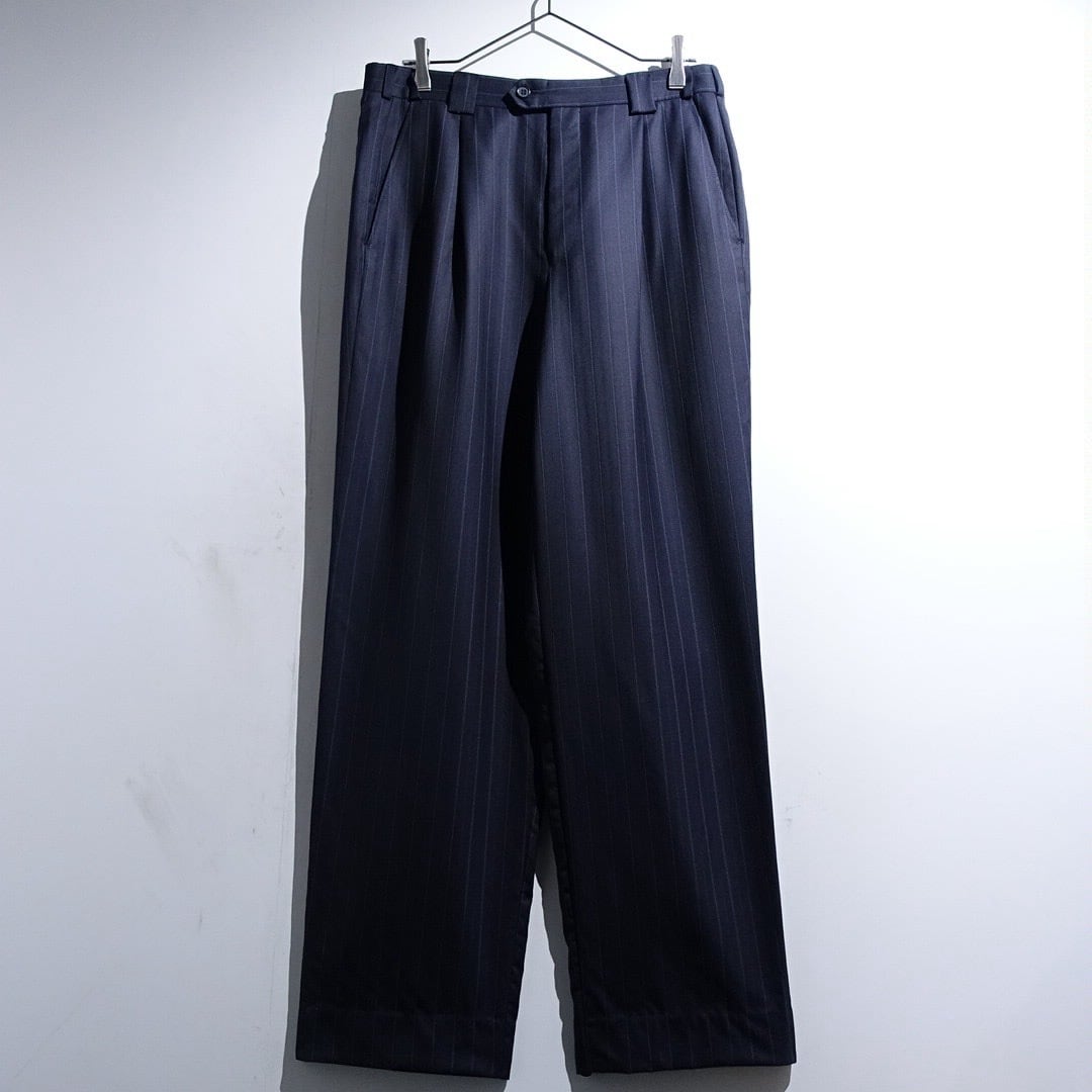 90s Navy Stripe Pattern Design One-Tuck Wide Straight Slacks