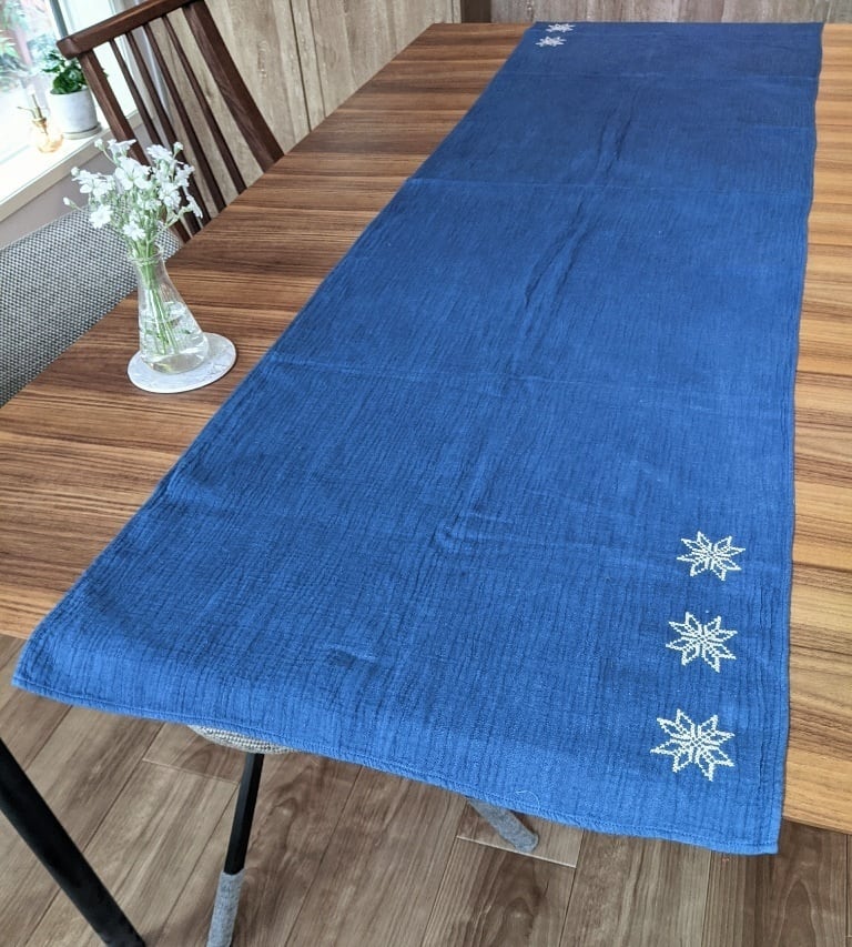 刺し子入り藍染めテーブルクロス 蝶々の柄 綿100% 古い 