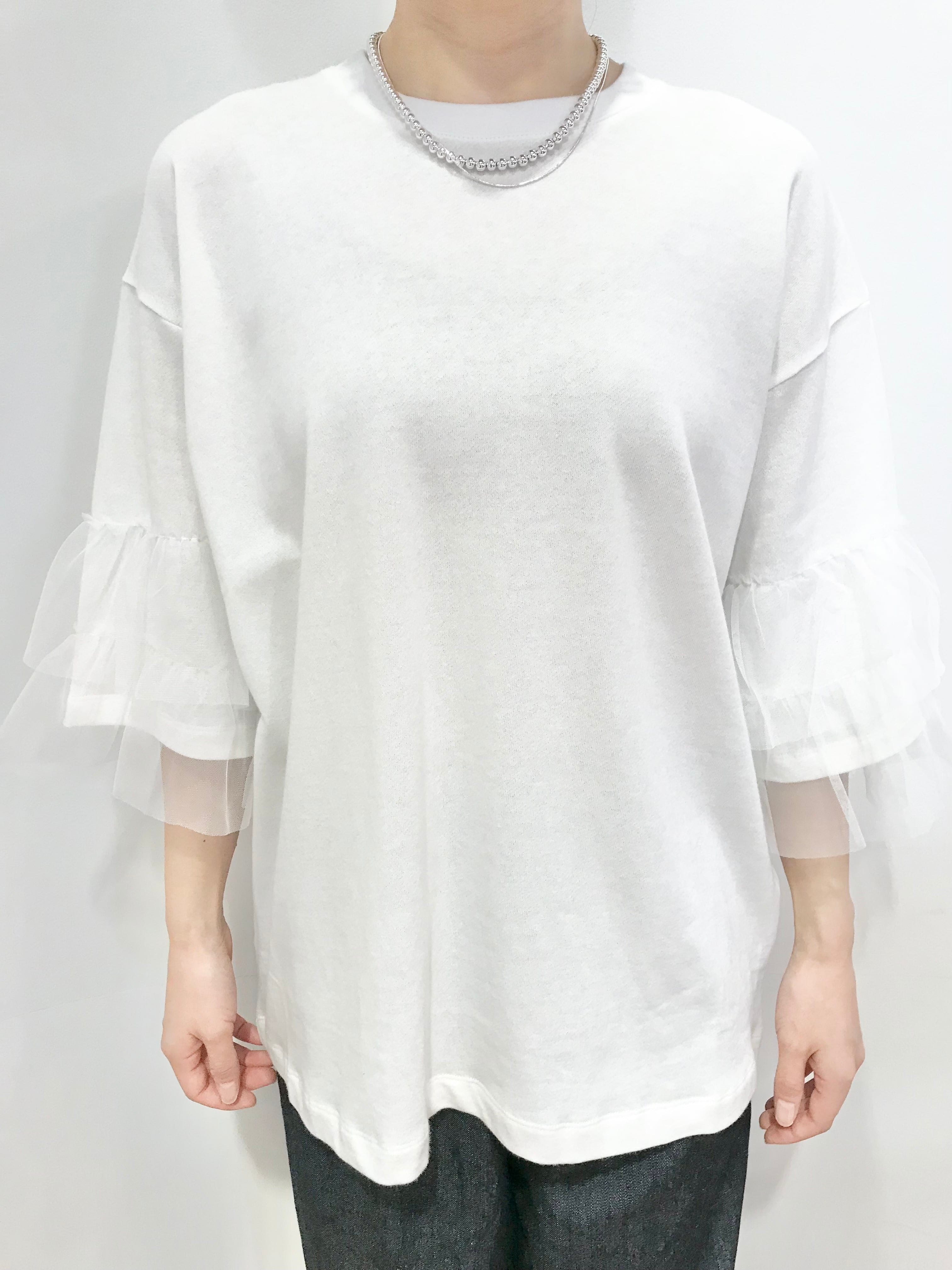 【MuNich】裏毛×チュールラッフルスリーブトップス