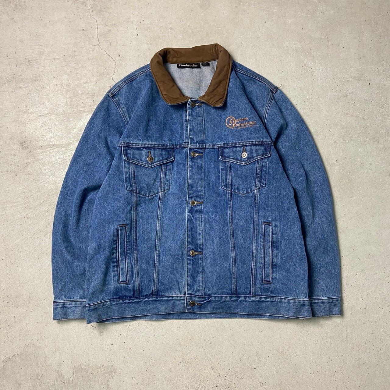 90s Dunbrooke レザー襟 ダックジャケット 企業ロゴ刺繍古着 XL Dunbrooke デニムジャケット レザー襟 企業ロゴ刺繍 メンズXL 古着