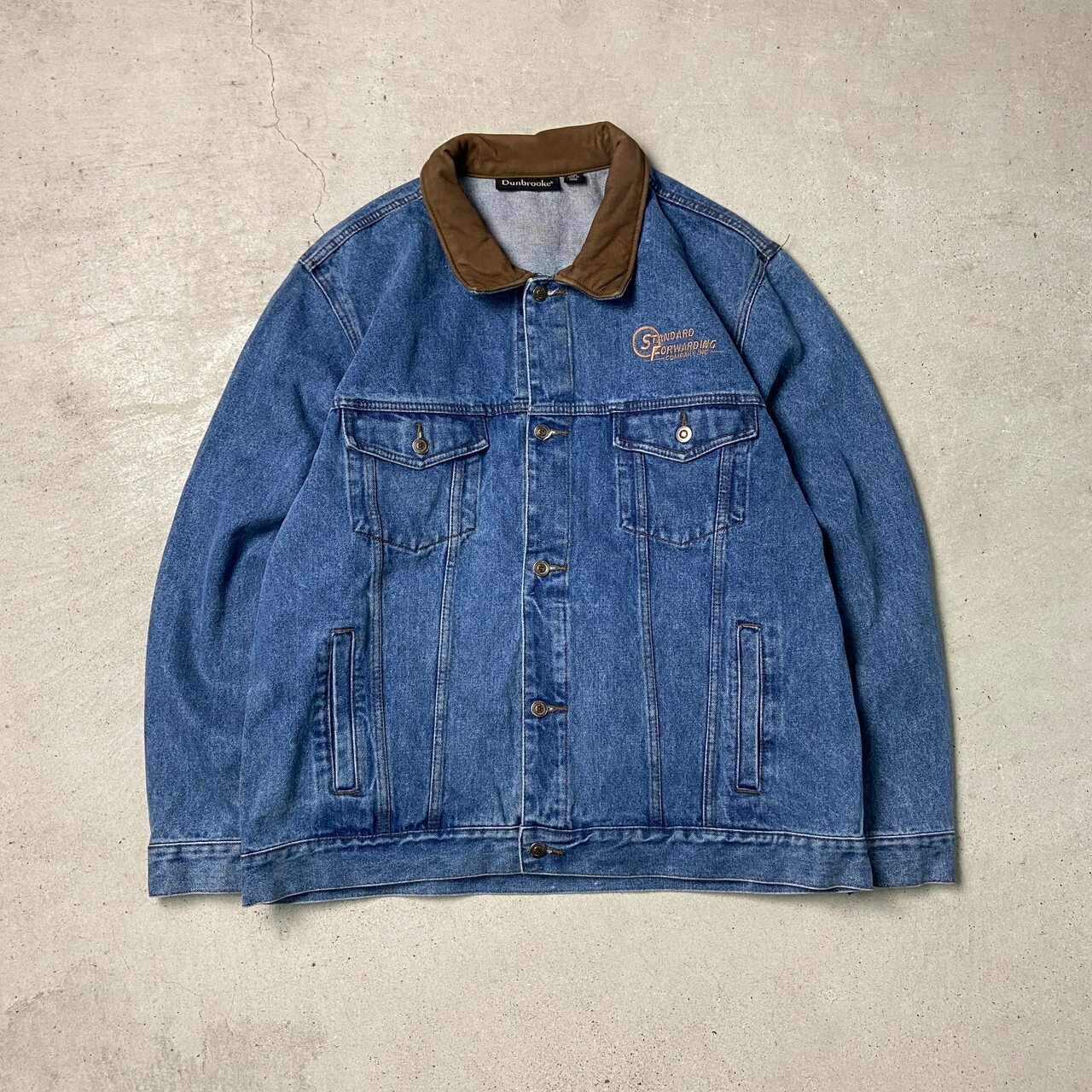 Dunbrooke デニムジャケット レザー襟 企業ロゴ刺繍 メンズXL 古着 