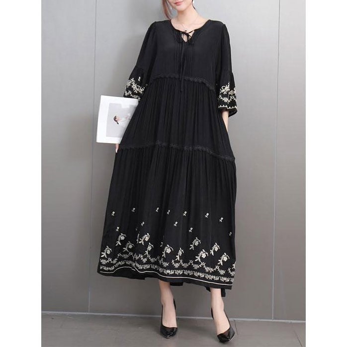 七分袖 マキシ丈 ティアードスカート 刺繍入りワンピース 2color ON0813