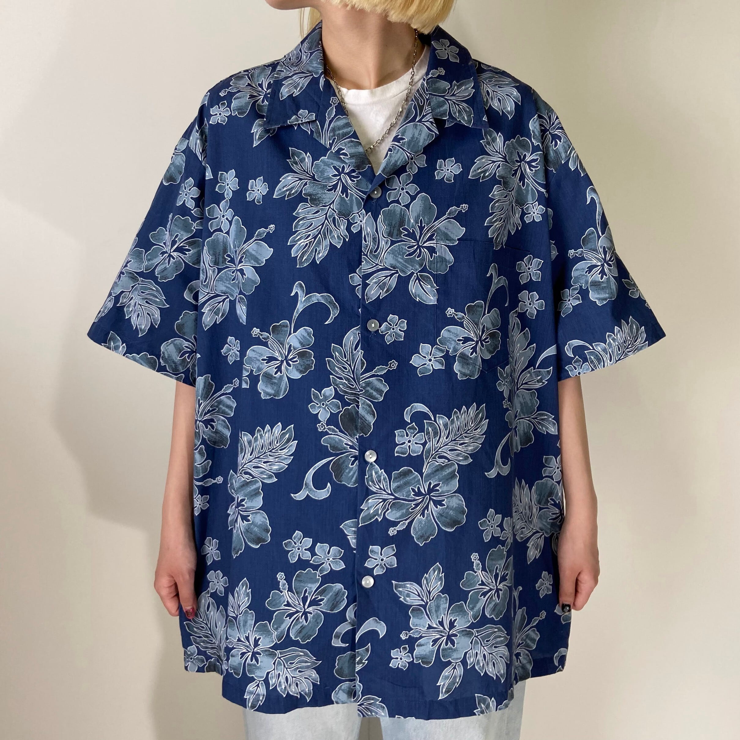 メンズ ハワイアン シャツ アロハ ネイビー 花柄 2XL USA 90s