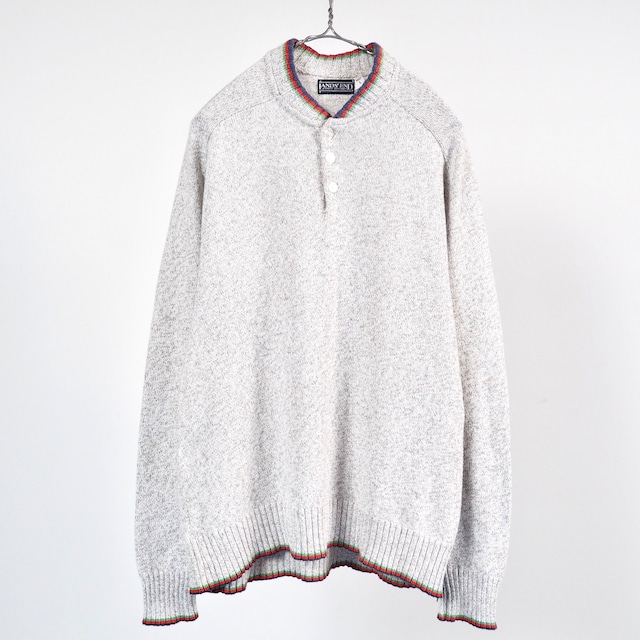 LANDS'END Henry-neck cotton knit sweater L /80's ランズエンド コットン ニットセーター