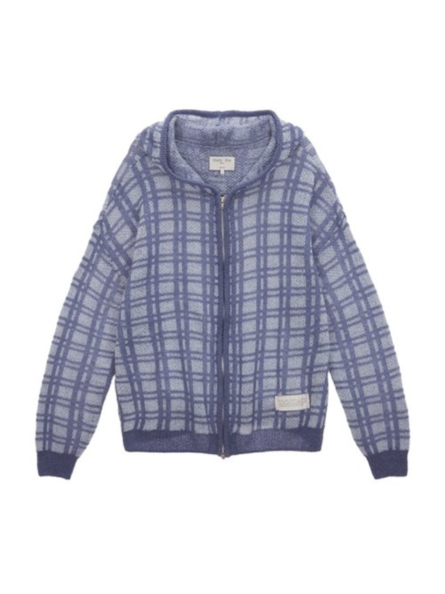 [MATIN KIM] CHECK KNIT HOODIE ZIP UP IN BLUE