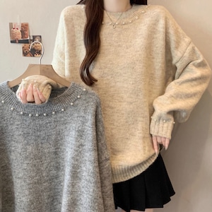 2色/パールビーズニットルーズトップス ・73022 2色/パールビーズニットルーズトップス ・73022