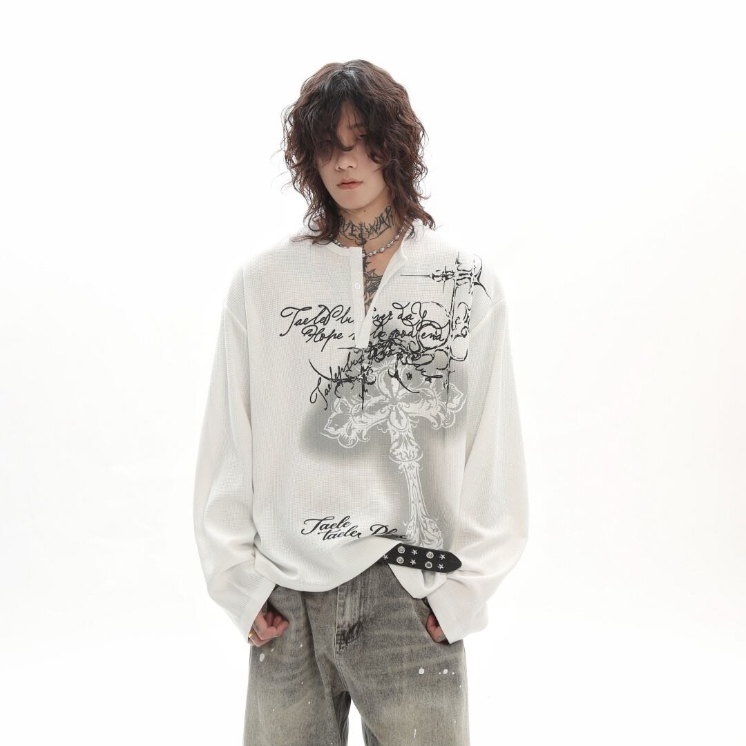 MZ STUDIOクロスプリントヘンリーネック長袖Tシャツ