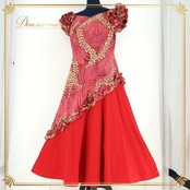 フラダンス 衣装 ワンピース ドレス レッド系 マーメイドライン フラ ダンス マイレ柄 フリル 花柄 赤 黄 華やか ハワイアン MermaidLine MMJ エムエムジェイ 日本製 かわいい アロハ 落ち着いた色 ハワイアンプリント イエロー系