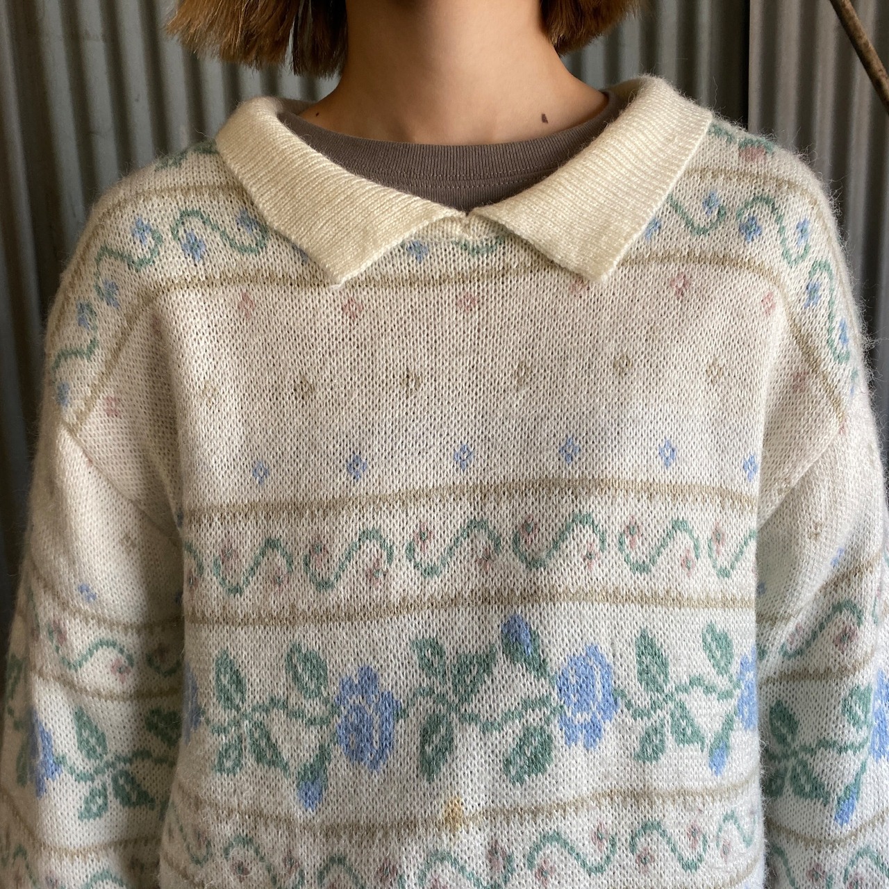 USA製 alfred dunner 花柄 総柄 襟付き アクリルニットセーター 