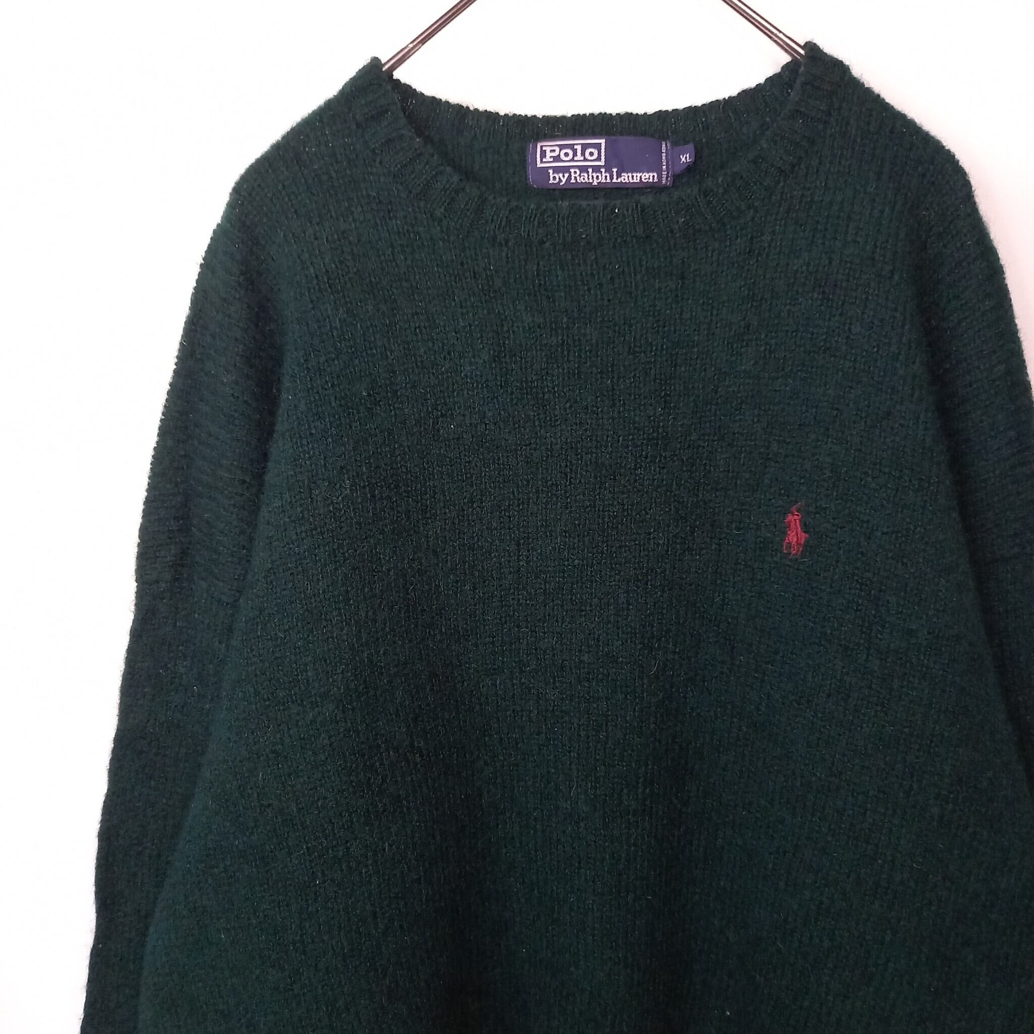 69-3990s　ラルフローレン　ウールニット　セーター　中厚手　刺繍ロゴ　グリーン　XL
