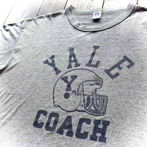 80's  Russell  Athletics 〝YALE COACH〟 3line × Helmet  INK Print  Single Stitch Sleeve Cotton Polyester T-Shirt  -  MADE IN U.S.A - / Size X-LARGE