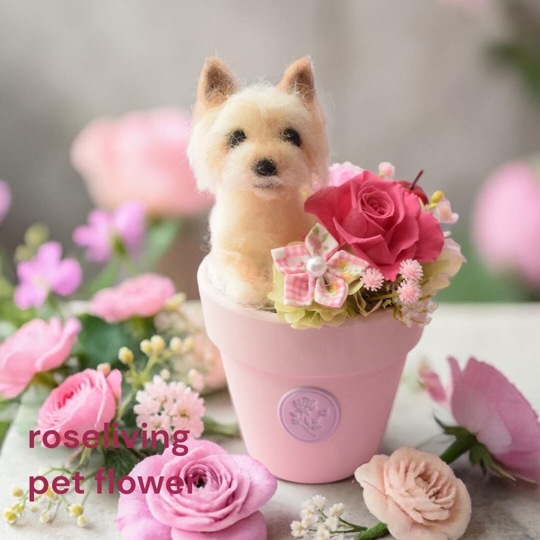 羊毛フェルトオーダー　花かご　チワワ ドールとお花1輪【オーダーメイドで愛犬.愛猫の羊毛フェルト・お供え花