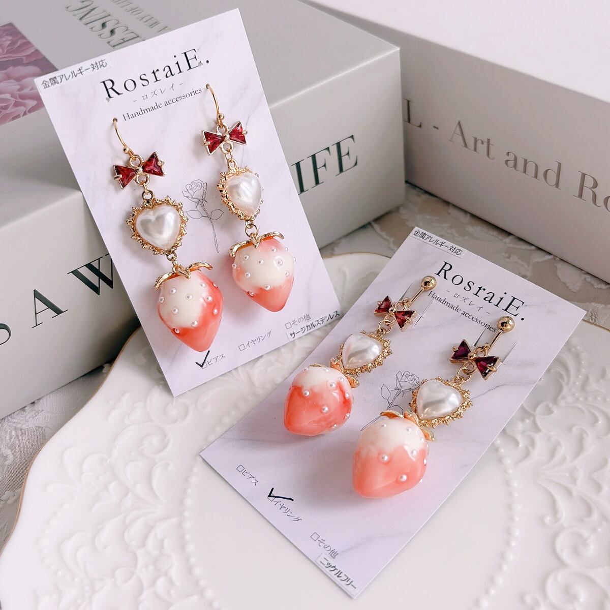 cotton flower】いちごミルクリボン ピアス/イヤリング | RosraiE.