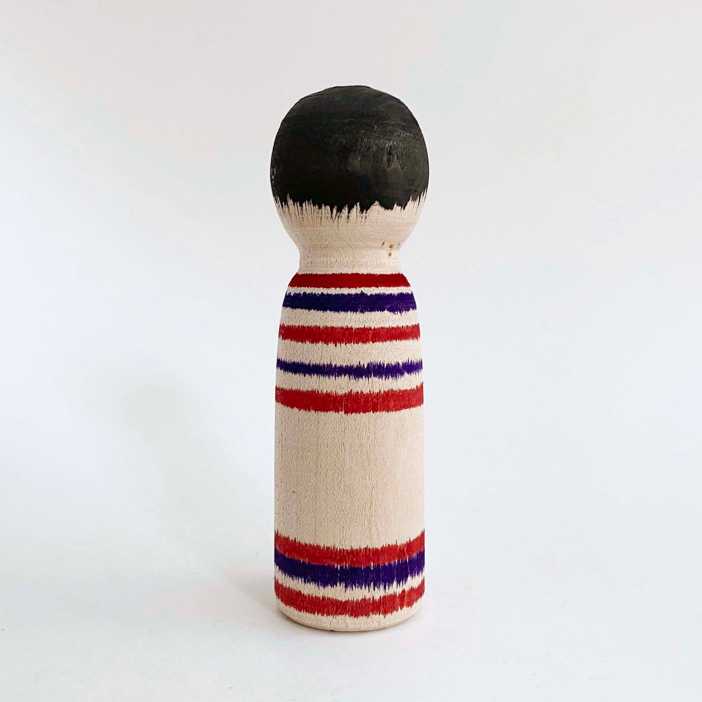 今晃工人こけし（赤と紫のボーダー小）