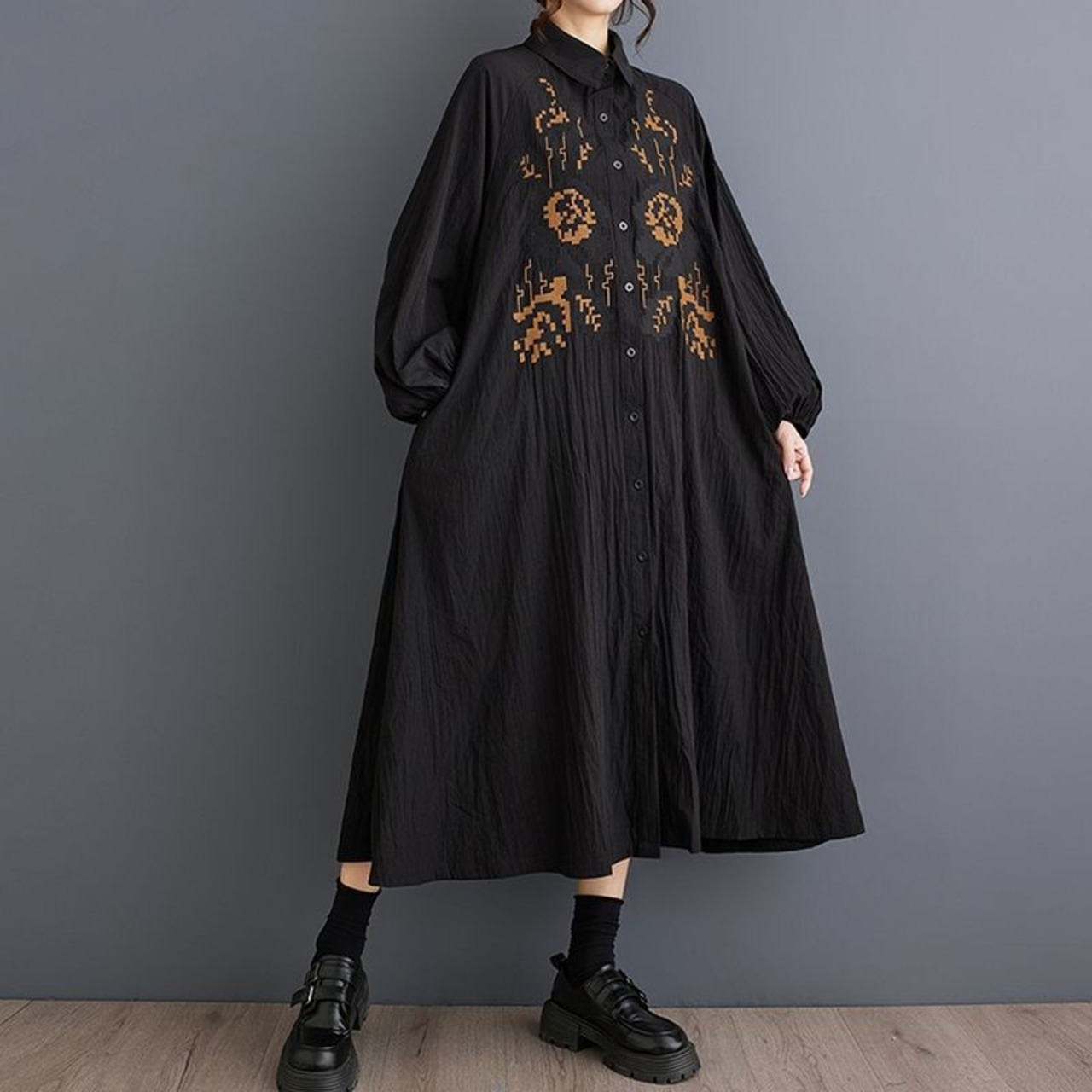 刺繍風 パッチワーク シャツワンピース  00347