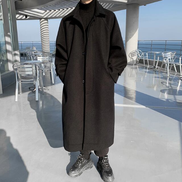 【予約販売】コート ロング丈 メンズ ブラック 黒 シンプル 男前 シック 韓国 オーバーサイズ 綺麗め 冬コート 防寒 ビジネス 通勤 防寒 お洒落 こなれ感 ベーシック 秋冬 大きいサイズ M/L/XL