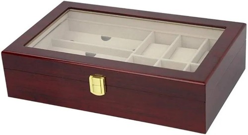 メガネケース　メガネ収納　アクセサリー収納　コレクションボックス　小物入れ　メガネ　眼鏡　サングラス　６枠　ユニセックス　女性用　男性用　赤　ロック付き　木製　ガラス　おしゃれ　高級感　かっこいい　ギフト　父の日