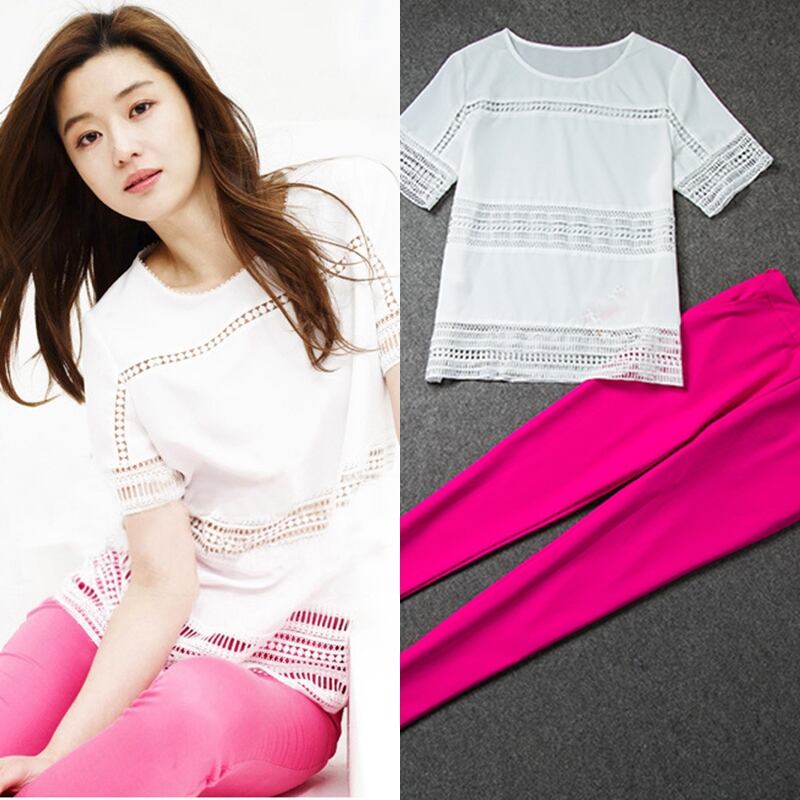 透かしレース 半袖トップス スキニーパンツ