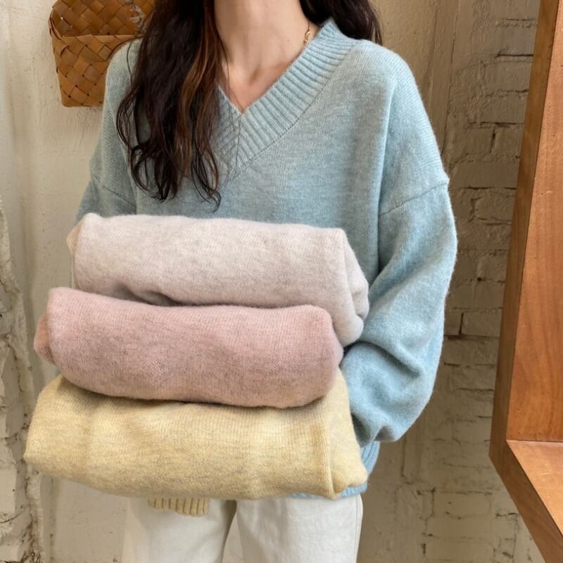 スタイルVネックセーター レディースオータムウィンタールーズニットブルートップス 秋物 冬物 萌量不足56202979186