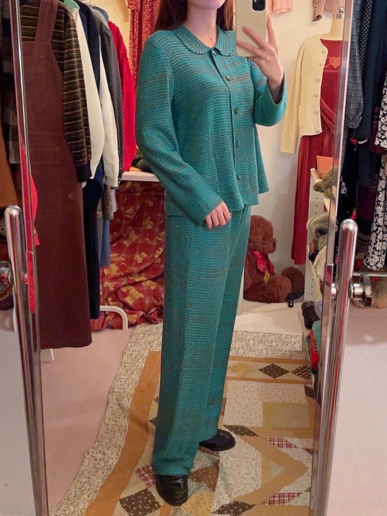 green lame knit set up