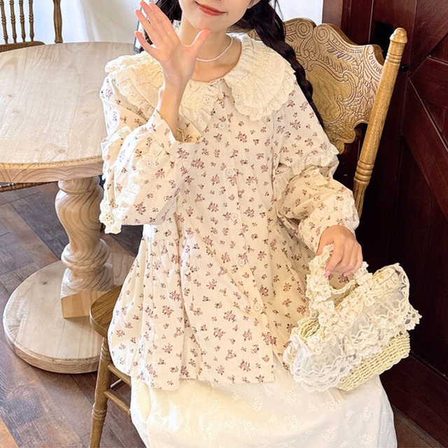 花柄カラースリーブレースブラウス W0438