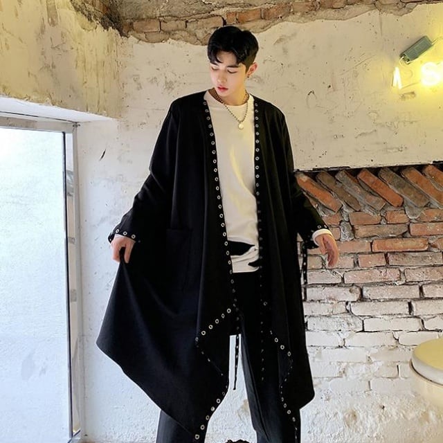 【予約販売】カーディガンガウン メンズ ライトアウター 無地 黒 ブラック カジュアル 羽織 シック  男前 こなれ感 お洒落  韓国 トレンド 春 秋