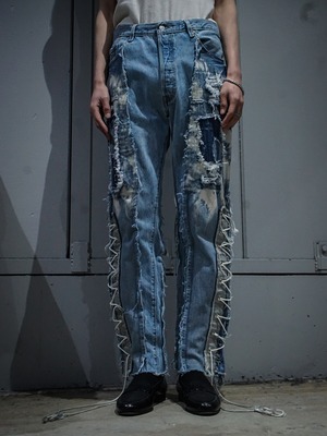 【add (C) vintage】“Original Remake" Levi’s 501 Multiple Panels Pattern Distressed Design Race Up Denim Pants