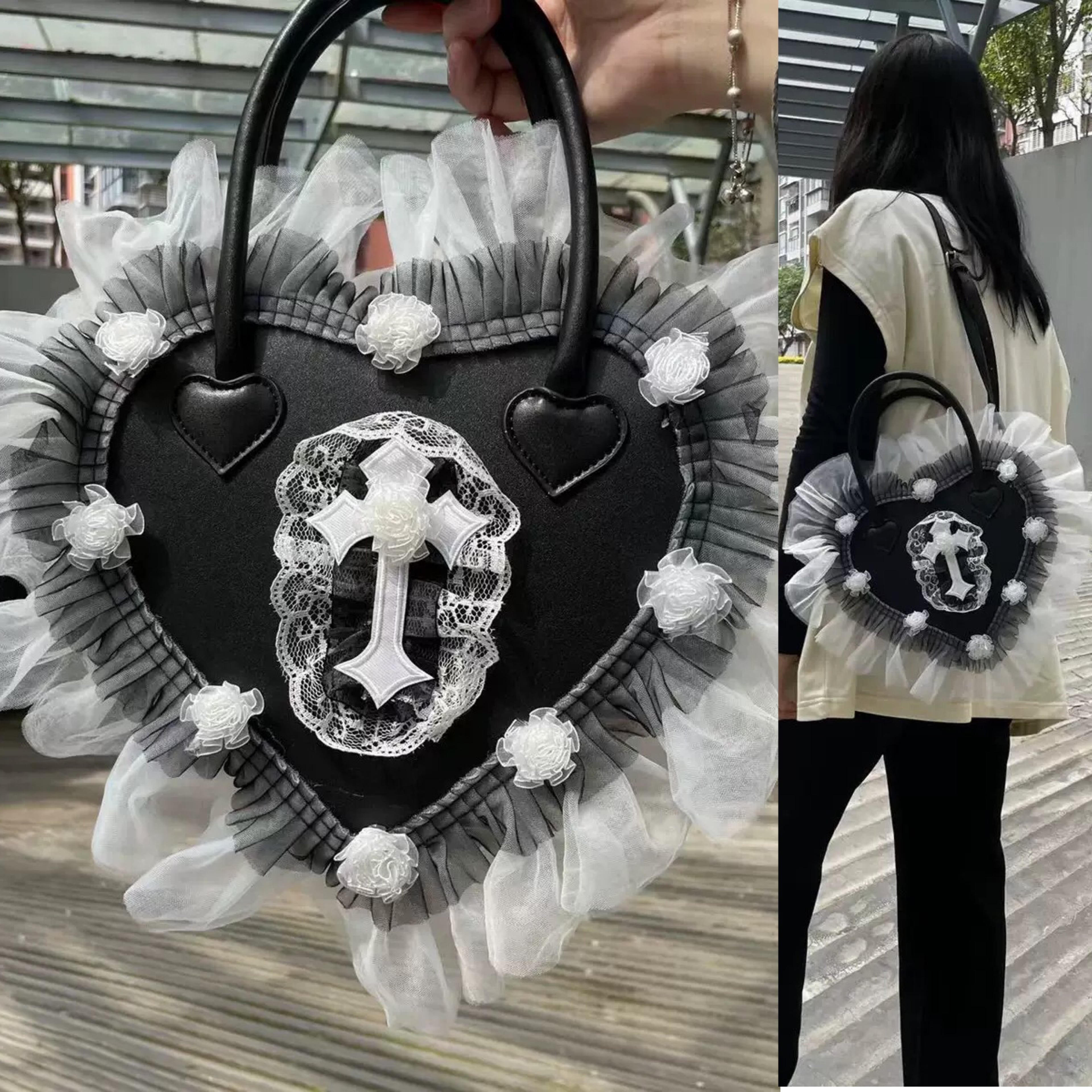 ベイビー リボンハートバッグ bag 黒 2way 斜めがけ ゴスロリ 2way】鞄 ハート クロス フリル ロック 原宿 デコレーション 】リボン