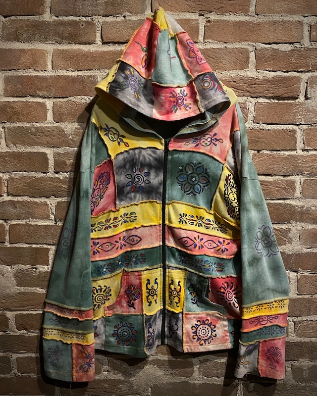 【Caka act3】Artistic Patchwork Design Vintage Zip Up Hoodie