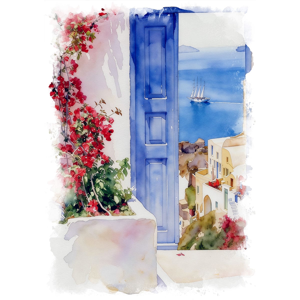 絵画 ギリシャ 風景画(街並み) サントリーニ島 インテリアアート額付き