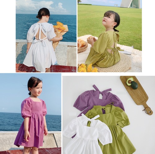 【 パープル 90 即納 】 ワンピース 半袖 バックリボン フレアワンピース ギャザーワンピース Aライン パフスリーブ ナチュラル コットン リゾート 春夏 子供服 子供 キッズ 女の子 女児 人気 おすすめ かわいい おしゃれ お出かけ 韓国 韓国子供服 誕生日 バースデー 小学生 プレゼント 贈り物 ギフト 80 90 100 110 120 130