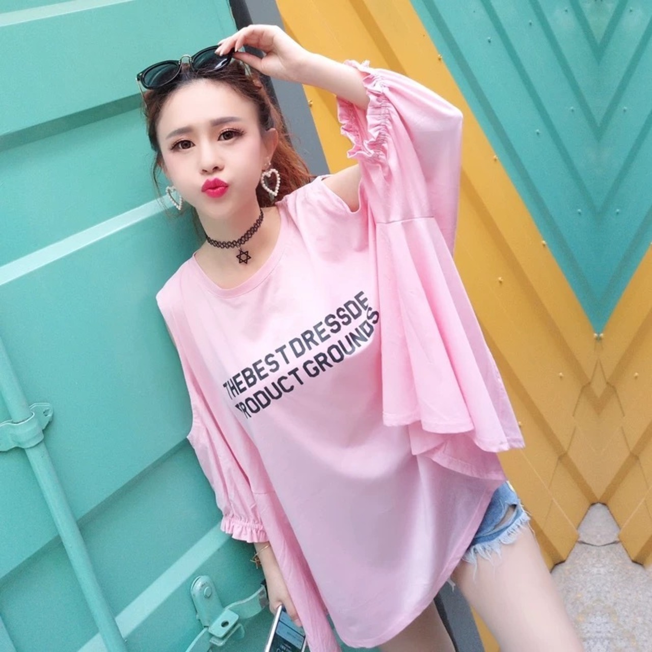 オフショルダー ピンク オーバーサイズ トップス Tシャツ 可愛い 