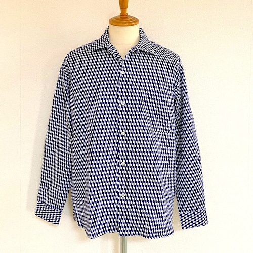 Retro Bias Print Regular Collar Shirts　Navy