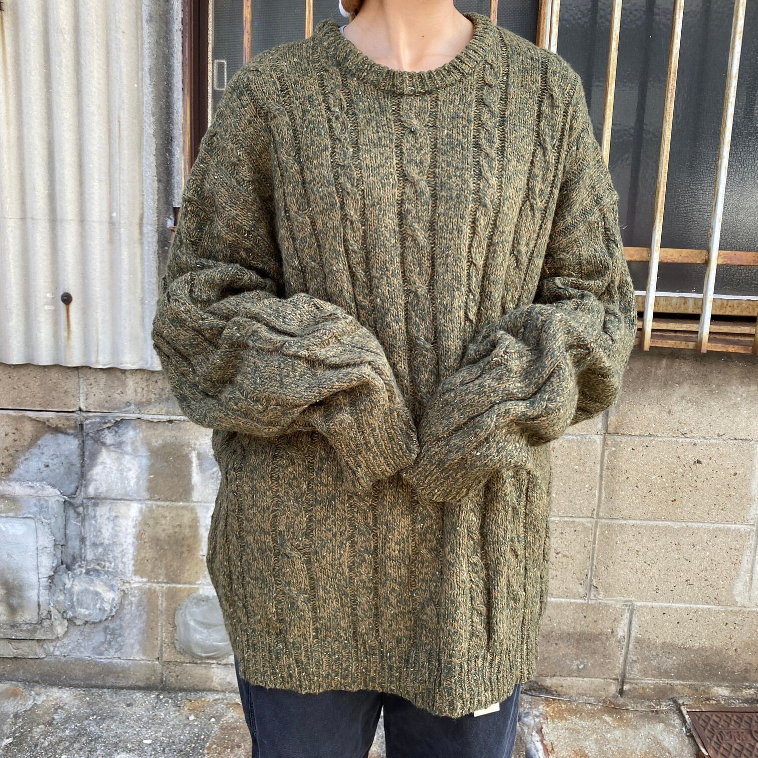 ビッグサイズ 90年代 無地 ケーブル ニットセーター メンズ2xl相当 古着 90s ヴィンテージ ビンテージ North Crest 大きいサイズ グリーン ブラウン 緑 茶 ニットセーター Cave 古着屋 公式 古着通販サイト