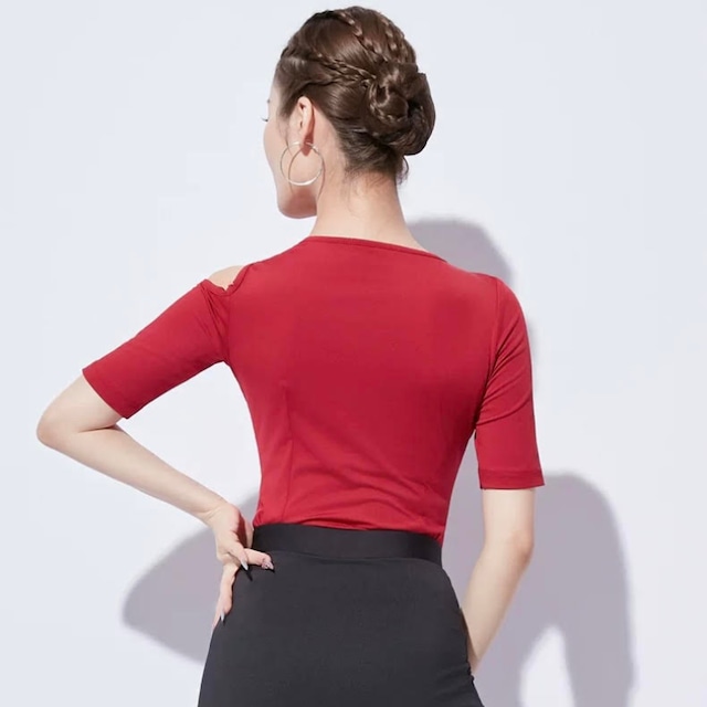 アシンメトリー オープンショルダー ストレッチ トップス 2col D00598