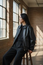TOUR RECORD ボンバージャケット シープレザー(羊) レディース ブラック フリーサイズ
