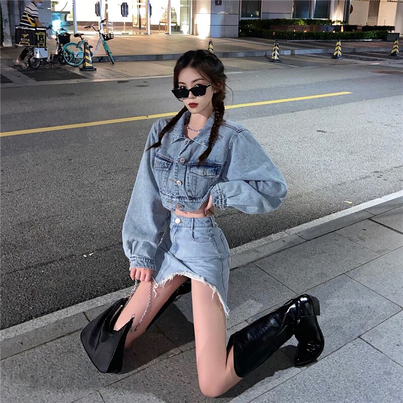 カジュアル レトロ 切りっぱなし クラッシュ デニム ツーピース