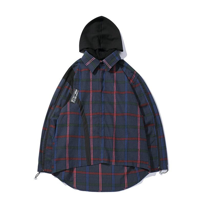 Yidao Vintage Autumn Creative Hooded Shirt Boys ese All-match Plaid Color Block ShirtJacket-アリババ オータム 秋物 ビンテージ hip6-161138273631286