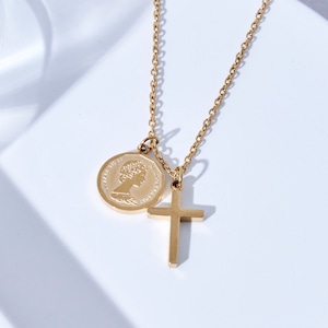 316L ( サージカルステンレス ) coin&simple cross necklace【GOLD】#n08