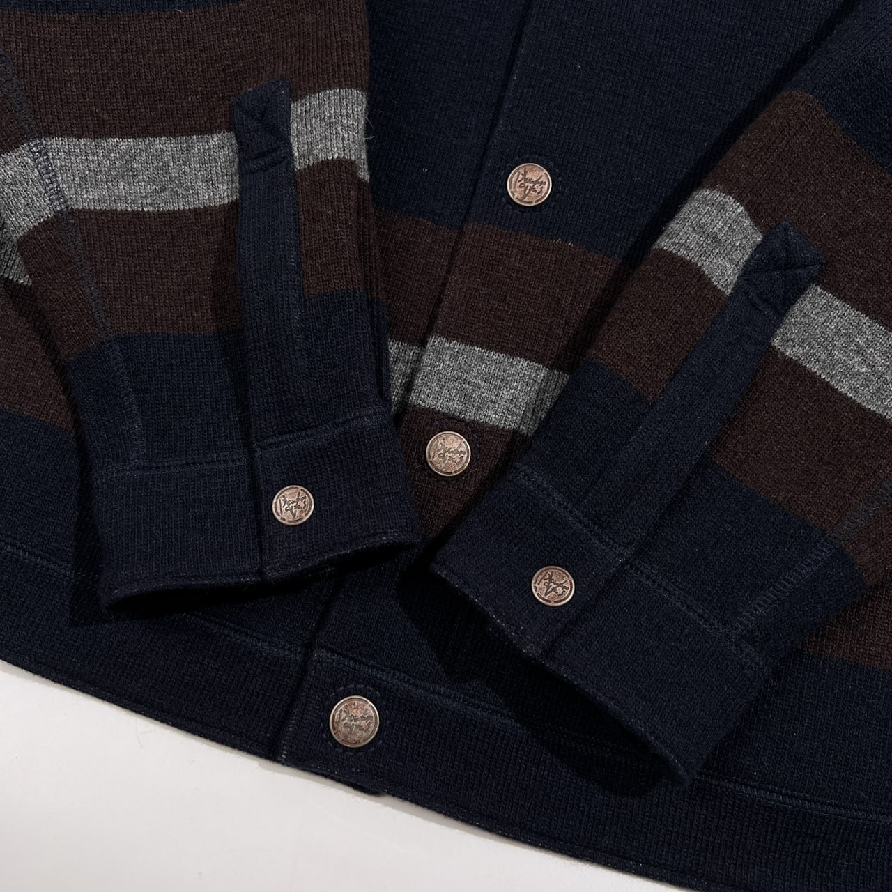 PAPAS パパス ロゴワッペン ボーダー ニット ジャケット サイズ 50 L /ネイビー×グレー×ブラウン/メンズ/日本製