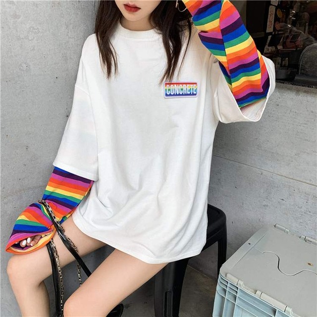 Tシャツ トップス 重ね着風Tシャツ レインボー袖 配色 切り替え ドッキング 半袖 シャツ プルオーバー 長袖 ビッグシルエット ドロップショルダー レディース 虹色 レインボー 白 ホワイト 黒 ブラック 大人可愛い きれいめ 上品 マニッシュ キュート ガーリー ルーズ エレガント フォーマル 春 夏 秋 冬 二次会 オフィス 通勤 学生 通学 デート お出かけ パーティー イベント 女子会 休日 旅行 リゾート アウトドア 体型カバー 普段使い トレンド オーバーサイズ ゆったり インスタ映え