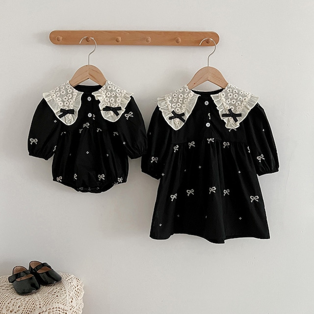 【66-130】秋刺繍入りリボン襟ロンパースorワンピース 女の子姉妹コーディネート キッズ