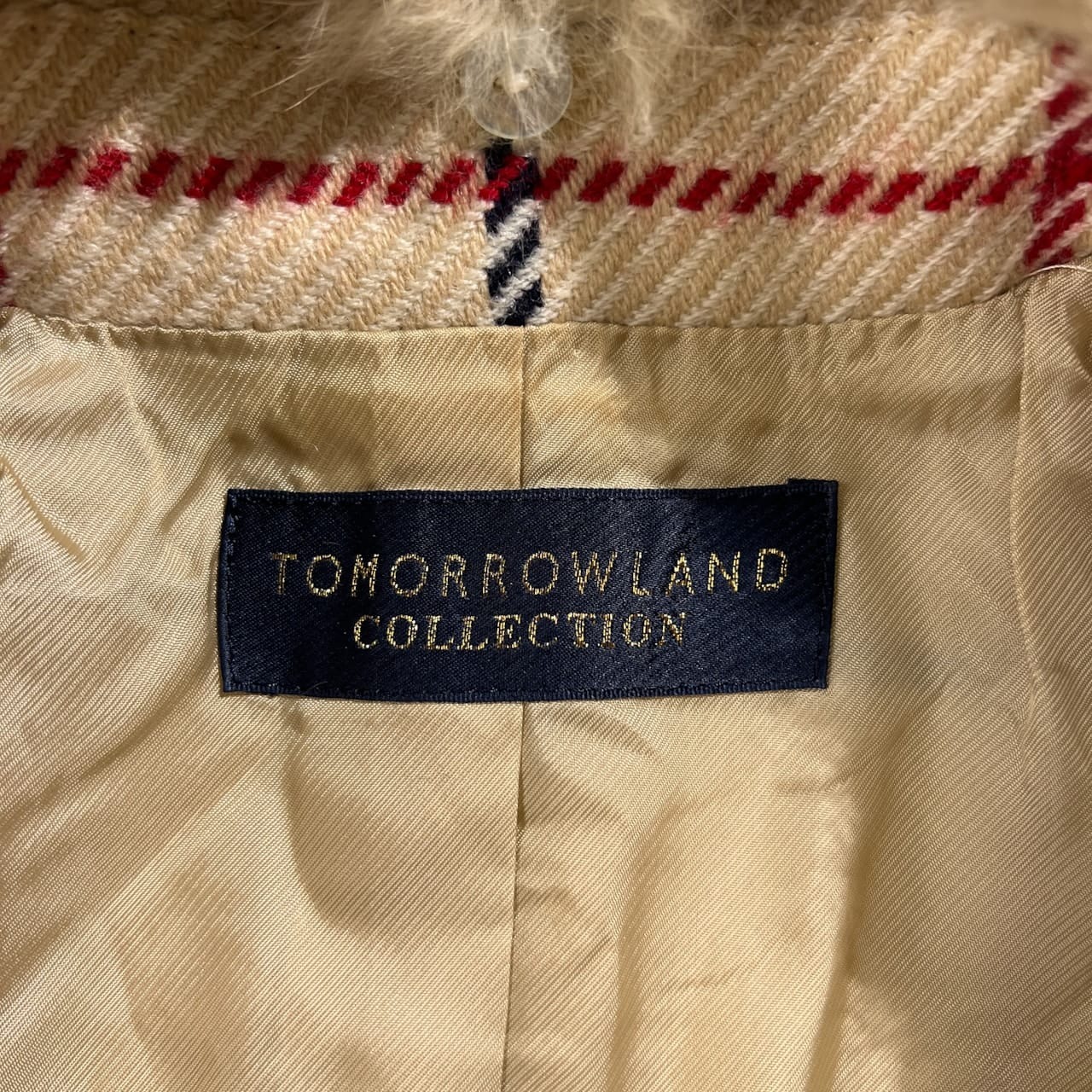 TOMORROWLAND COLLECTION トゥモローランド チェック柄 ウール コート 毛皮 ファー襟付 /アイボリー系 英国調