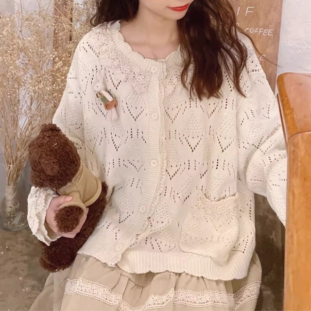 透かし編みニットボタンフロントカーディガン W1468