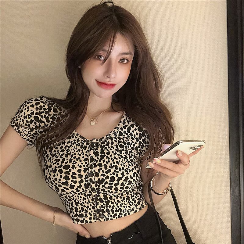 Tシャツ シャツ ショートスリムレオパードプリント柄サマー 夏物 ブラックストロベリース48375571063