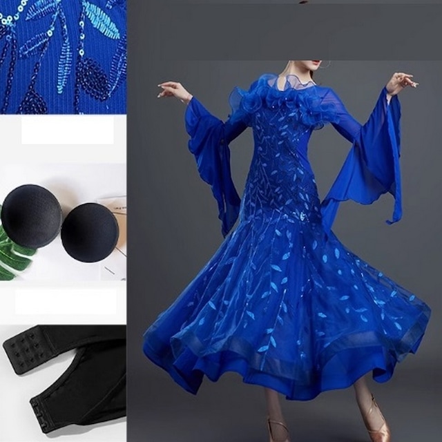 ラウンドネック刺繍ロングドレス ベルスリーブ フレア ドレス ds0504