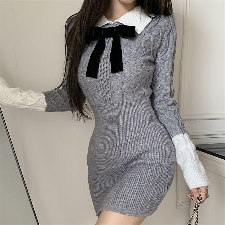 【新作】【送料無料】 女性のためのカレッジスタイルのドレス 2022 新しい韓国スタイルの秋と冬のスカート、長袖ニットスカートとヒップカバーショートスカート 028210236672