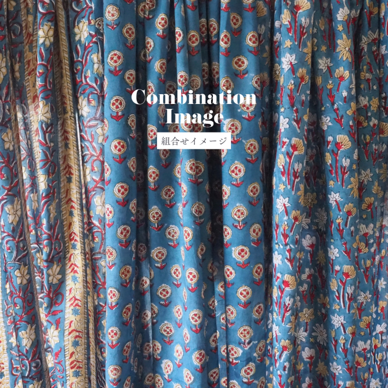 ブロックプリント生地【50cm単位】インド綿 小花柄 ブルー×赤ー×ベージュ #56425-BL2